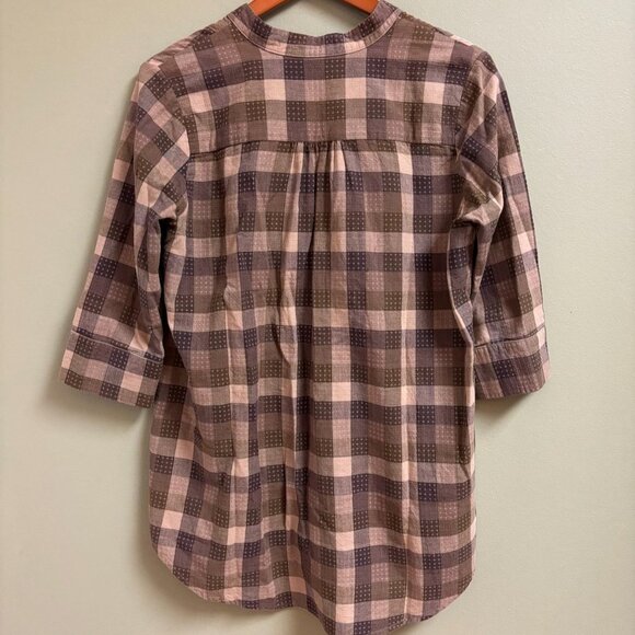 Language of the Birds Women Linen Top Size S Brown Plaid Stitched Lagenlook Boho - Picture 6 of 12